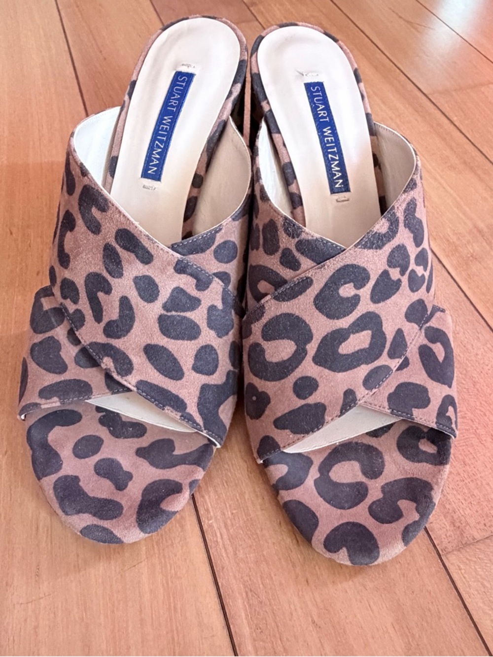 Stuart Weitzman Leopard Print Suede Mules - Tan and Black